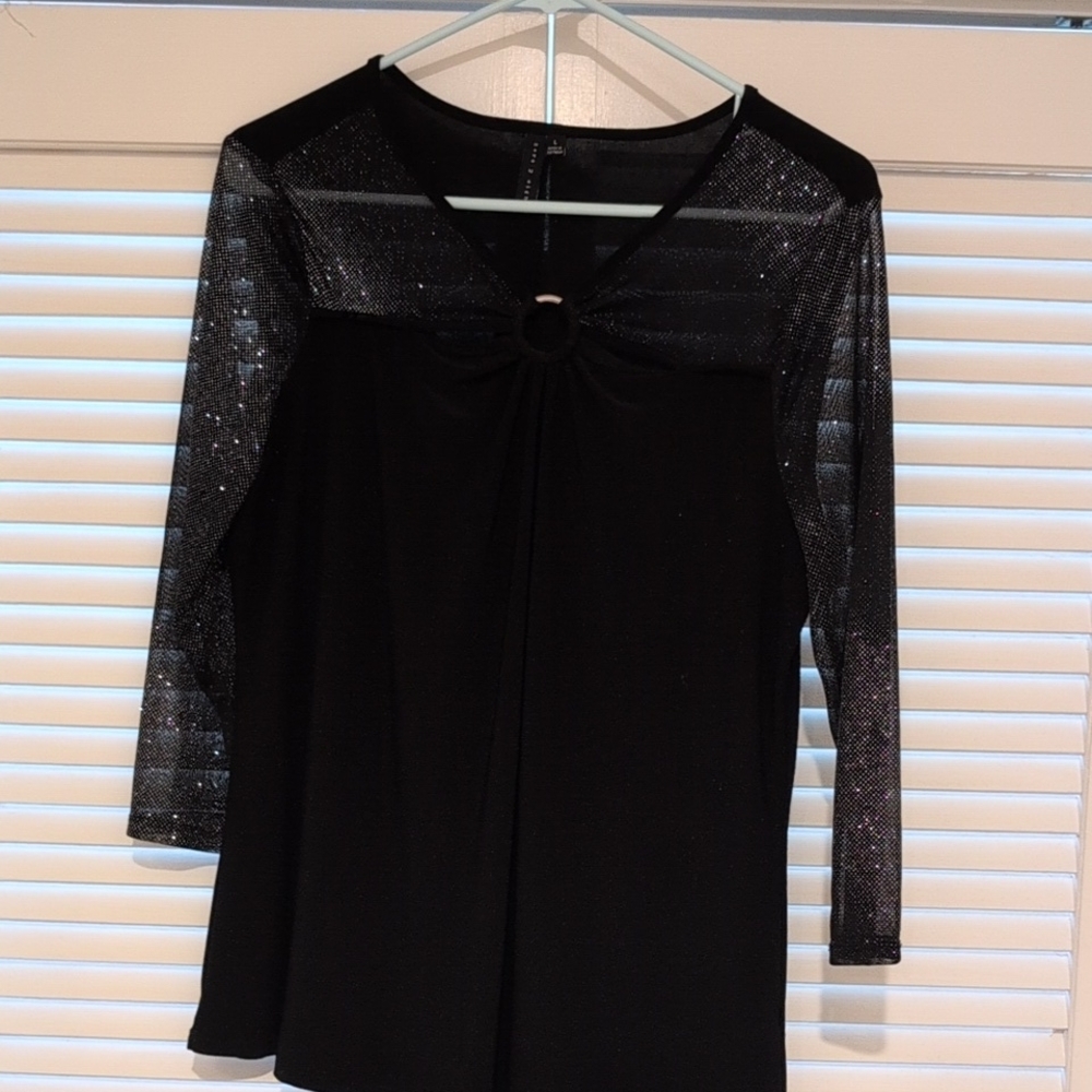 Chic Black Blouse with Glitter Sleeves